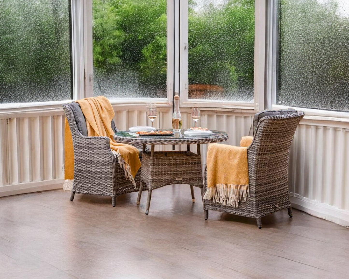 Riviera 2 Rattan Garden Chairs and Small Round Dining Table in Grey