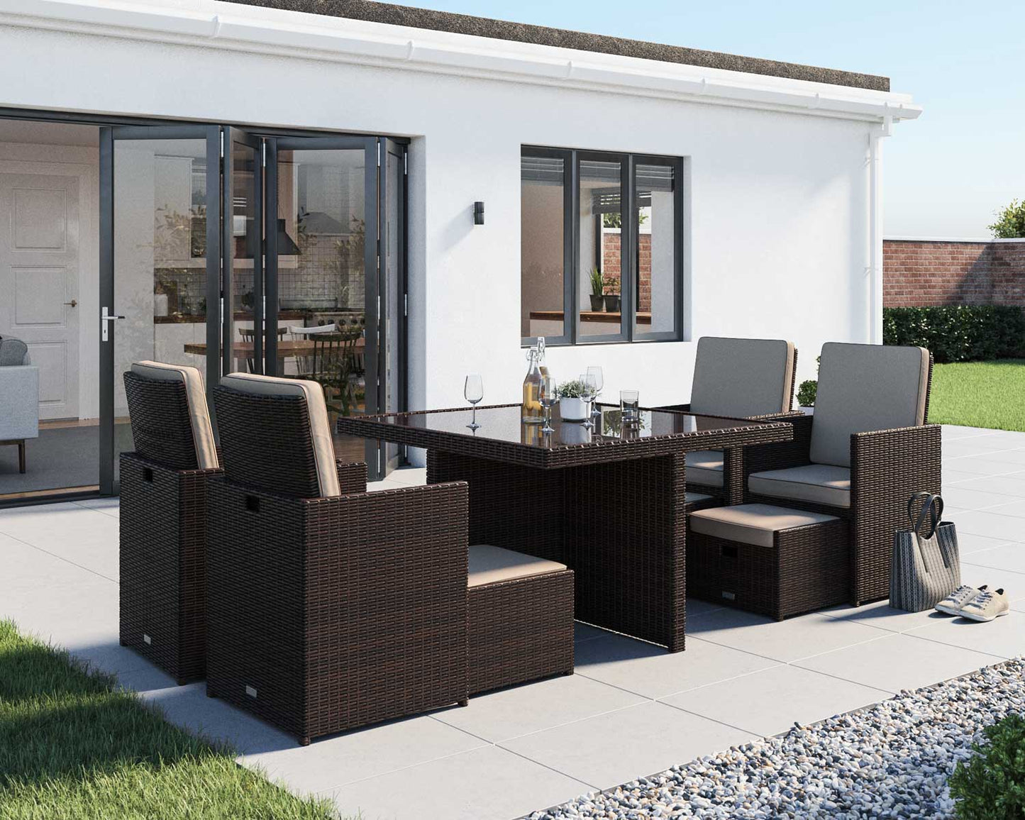 Barcelona 4 Seater Cube Set With Footstools in Brown and Cream