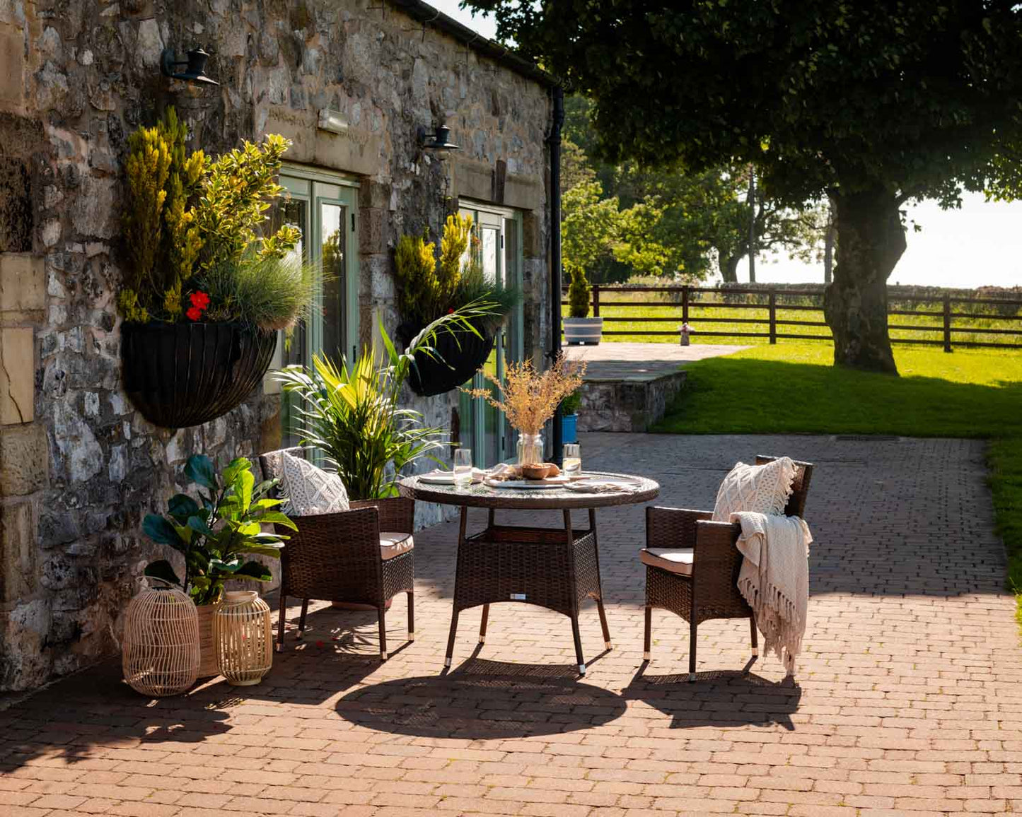 Cambridge 2 Rattan Garden Chairs and Small Round Dining Table Set in Chocolate and Cream