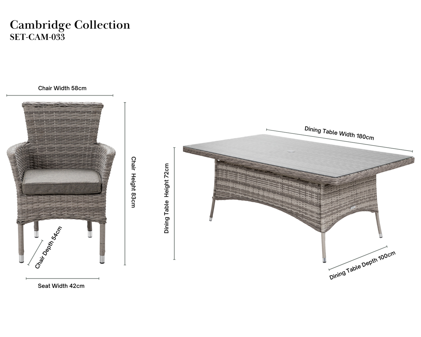 Cambridge 8 Rattan Chairs and Rectangular Dining Table Set in Grey