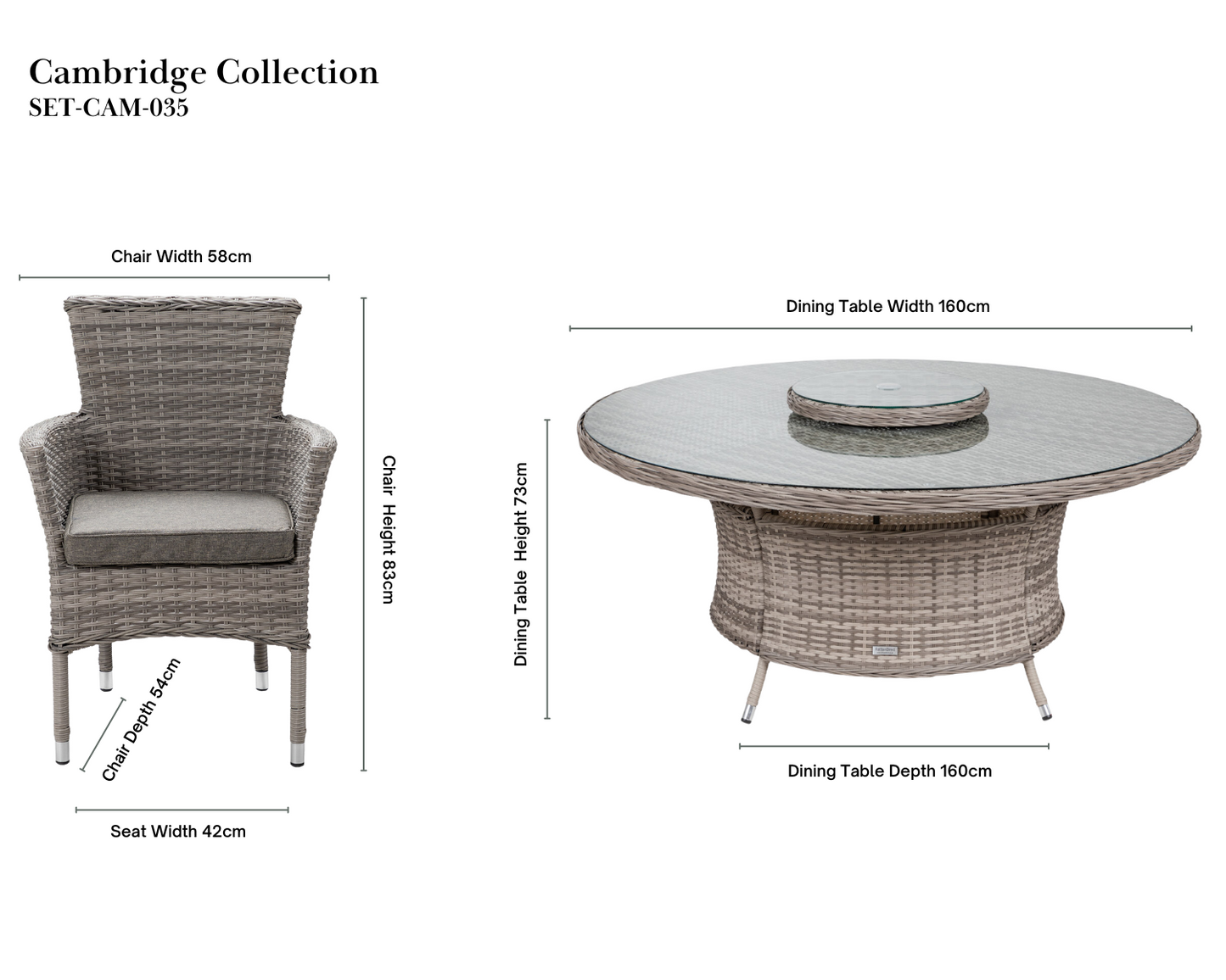 Cambridge 6 Rattan Chairs and Large Round Dining Table Set in Grey