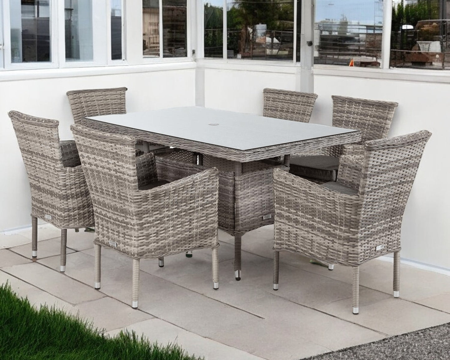 Cambridge 6 Rattan Chairs and Small Rectangular Dining Table Set in Grey