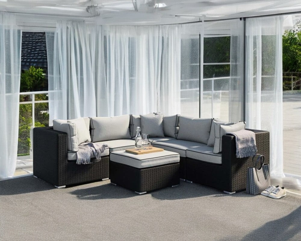 Florida 6 Piece Rattan Garden Corner Sofa Set in Black and Vanilla