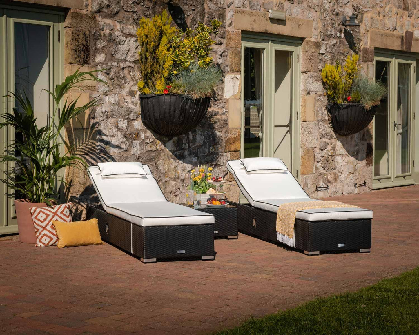 Miami Sunlounger x 2 + Small Square Side Table x 1 in Black and Vanilla