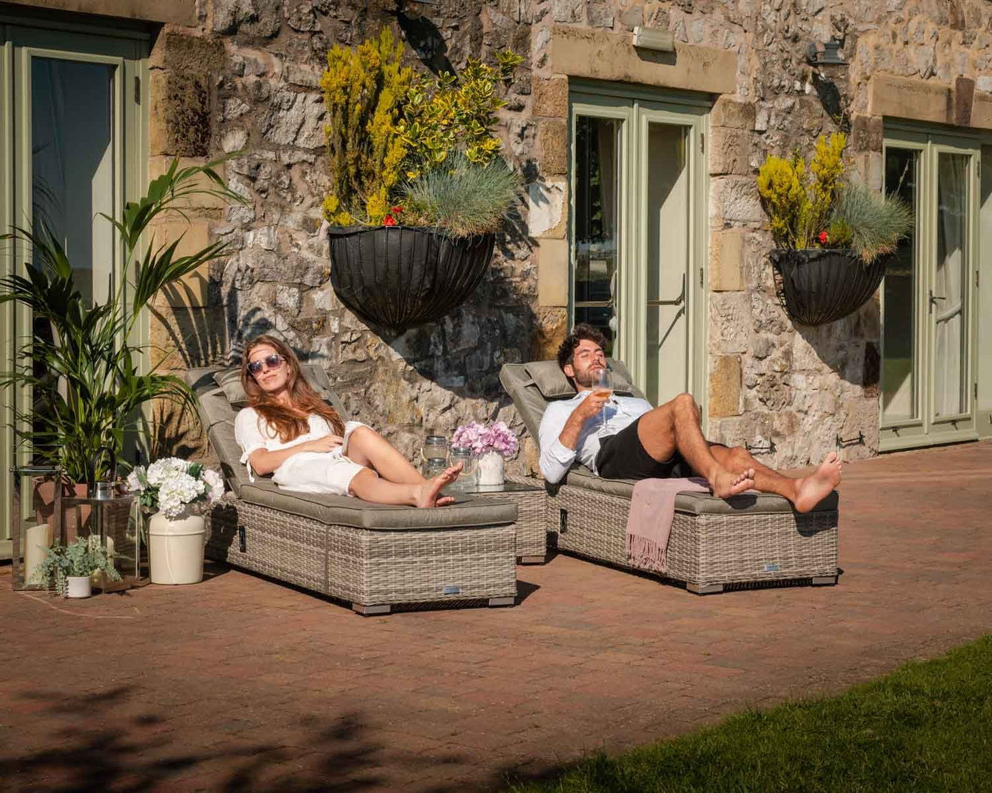 Miami Sunlounger x 2 + Small Square Side Table x 1 in Double Flat Grey