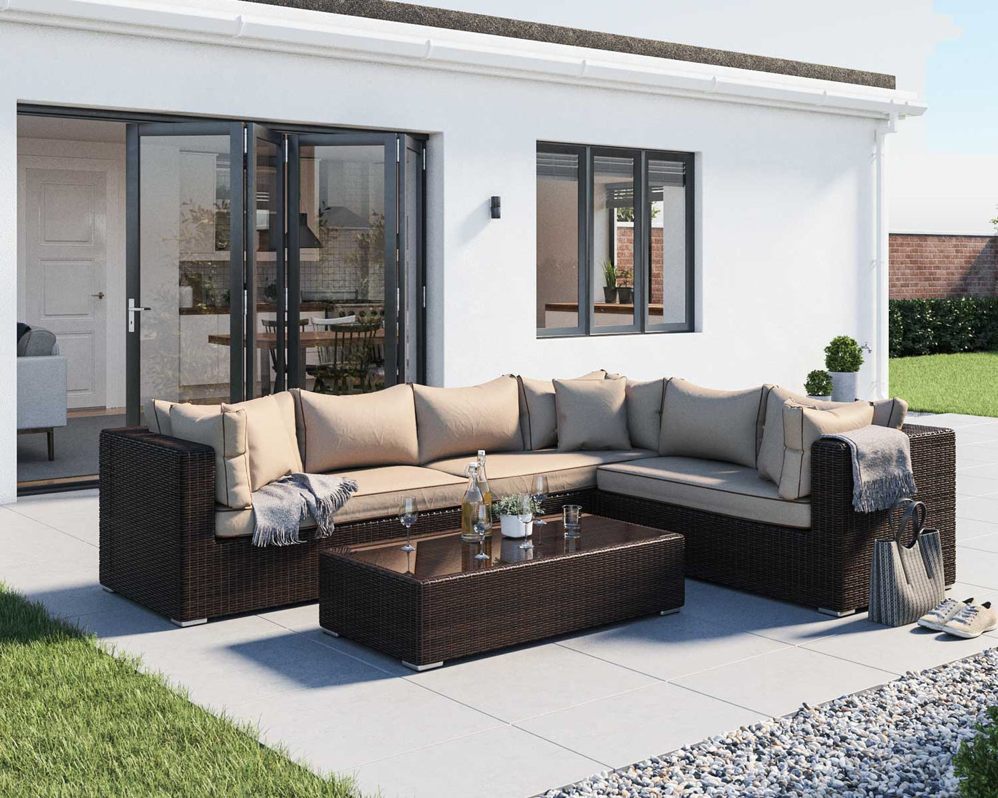 Monaco Rattan Garden Lefthand Corner Sofa Set in Chocolate and Cream