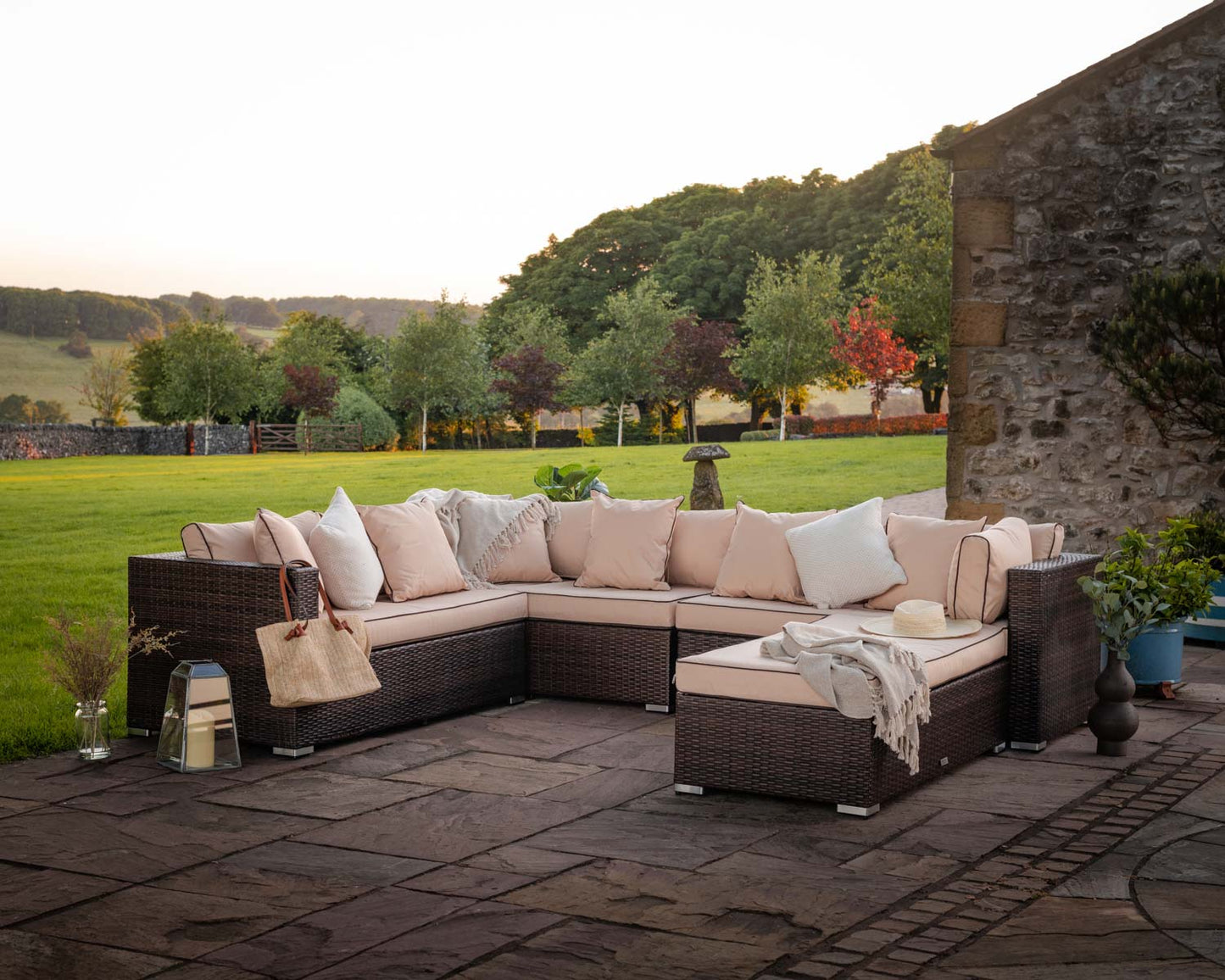 Monaco Rattan Garden Righthand Corner Sofa Set in Chocolate and Cream