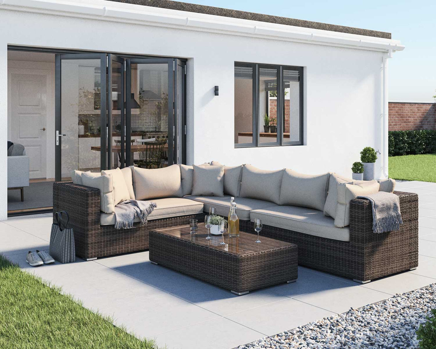 Monaco Rattan Garden Righthand Corner Sofa Set in Premium Truffle Brown and Champagne
