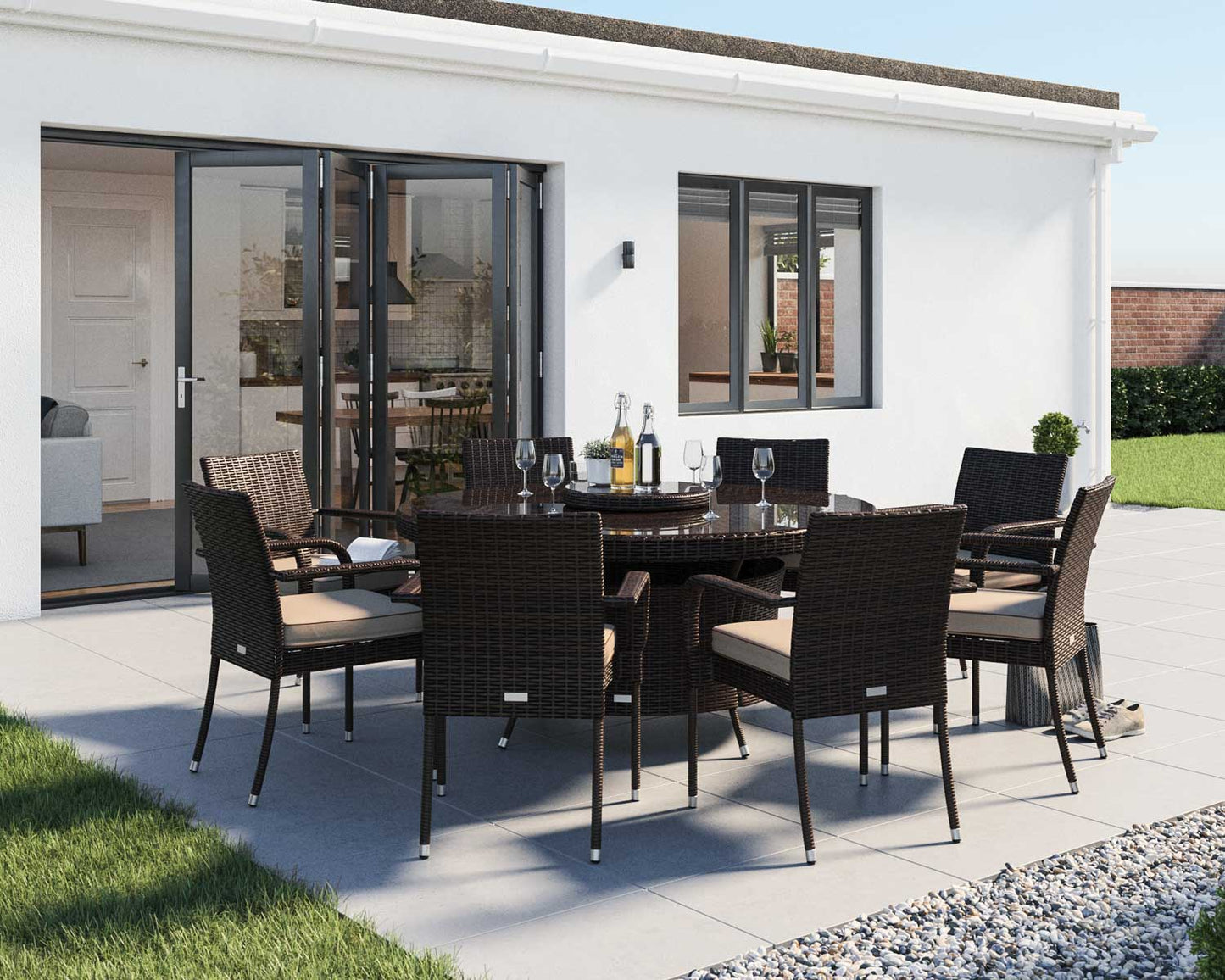 Roma 8 Rattan Garden Chairs, Large Round Dining Table and Lazy Susan Set in Chocolate and Cream