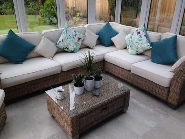 Cushion covers in a spring/summer colour can be changed to a warmer hue for the autumn/winter period. all year round. sunroom
