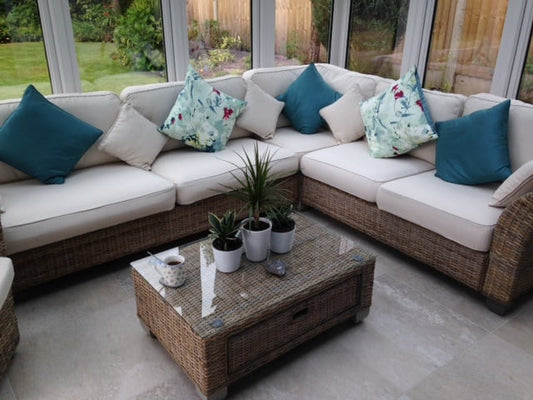 Cushion covers in a spring/summer colour can be changed to a warmer hue for the autumn/winter period. all year round. sunroom
