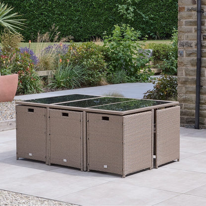 10 Seater Rattan Cube Outdoor Dining Set with Cream Parasol - Natural Brown Weave - Laura James