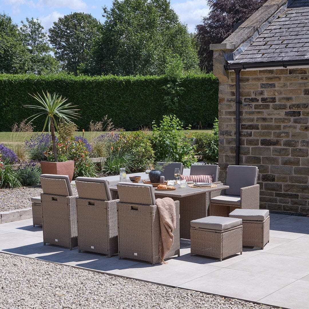 10 Seater Rattan Cube Outdoor Dining Set - Brown Weave Polywood Top - Laura James