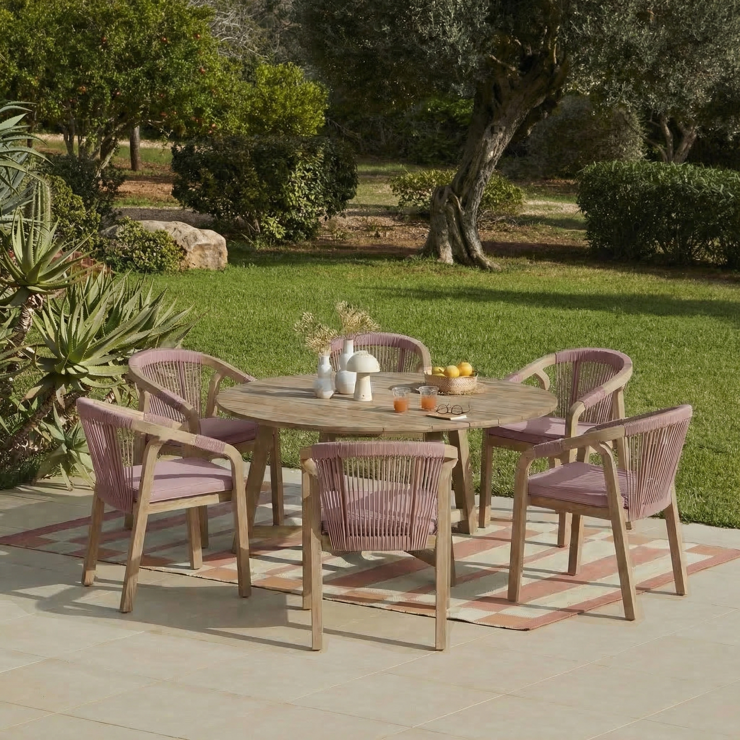 Shiro 6 Seater Wooden Garden Dining Set with Shiro Pink Rope Dining Chairs - 160cm - Laura James