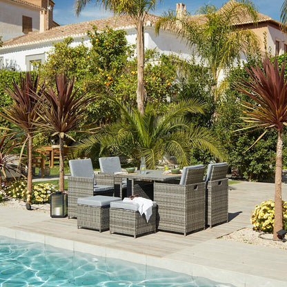 8 Seater Rattan Cube Outdoor Dining Set - Grey Weave Polywood Top