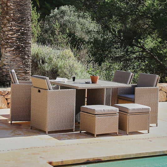 Cube 8 Seater Rattan Outdoor Dining Set -  Natural Brown Weave Polywood Top
