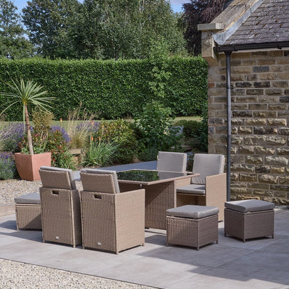 8 Seater Rattan Cube Outdoor Dining Set - Brown Weave Glass Top - Laura James
