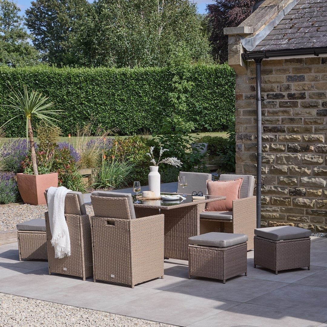 8 Seater Rattan Cube Outdoor Dining Set - Brown Weave Glass Top - Laura James
