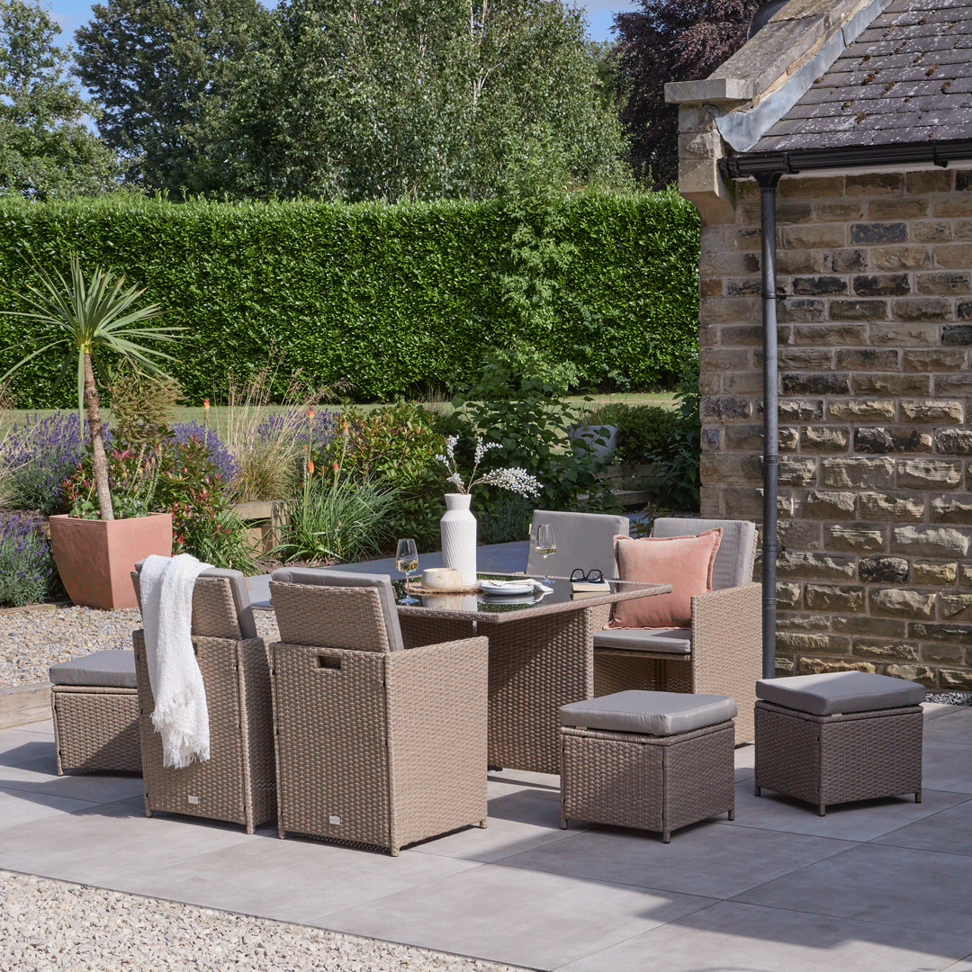 8 Seater Rattan Cube Outdoor Dining Set - Brown Weave Glass Top - Laura James

