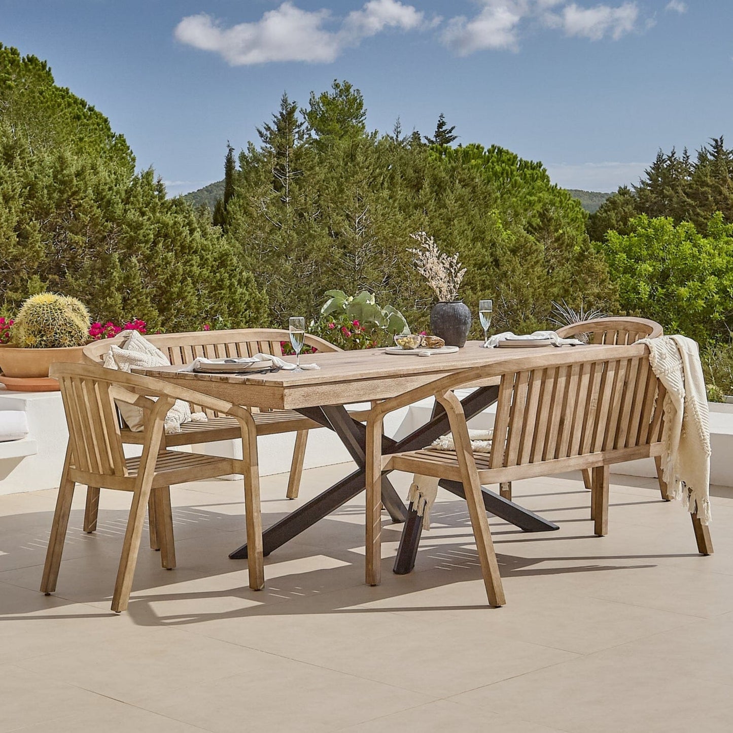Amelia Wooden Rectangular Dining Table Set with 2 x Shiro 130cm Bench with 2 x Shiro Dining Chairs