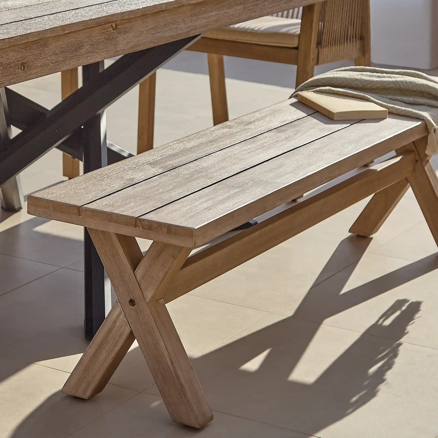 Amelia Wooden Rectangular Dining Table Set with Charlotte 170cm Dining Bench and 4 x Nala Wooden Dining Chairs with Cushions - Sand