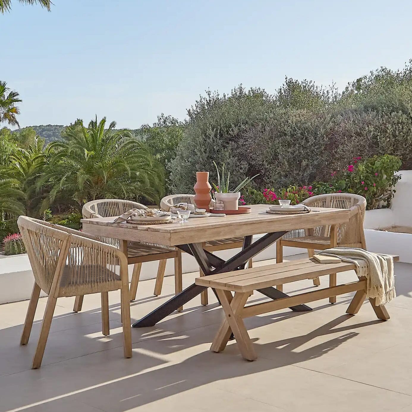 Amelia 6 Seater Wooden Garden Dining Set with 4 Nala Chairs & Charlotte Bench - Laura James 