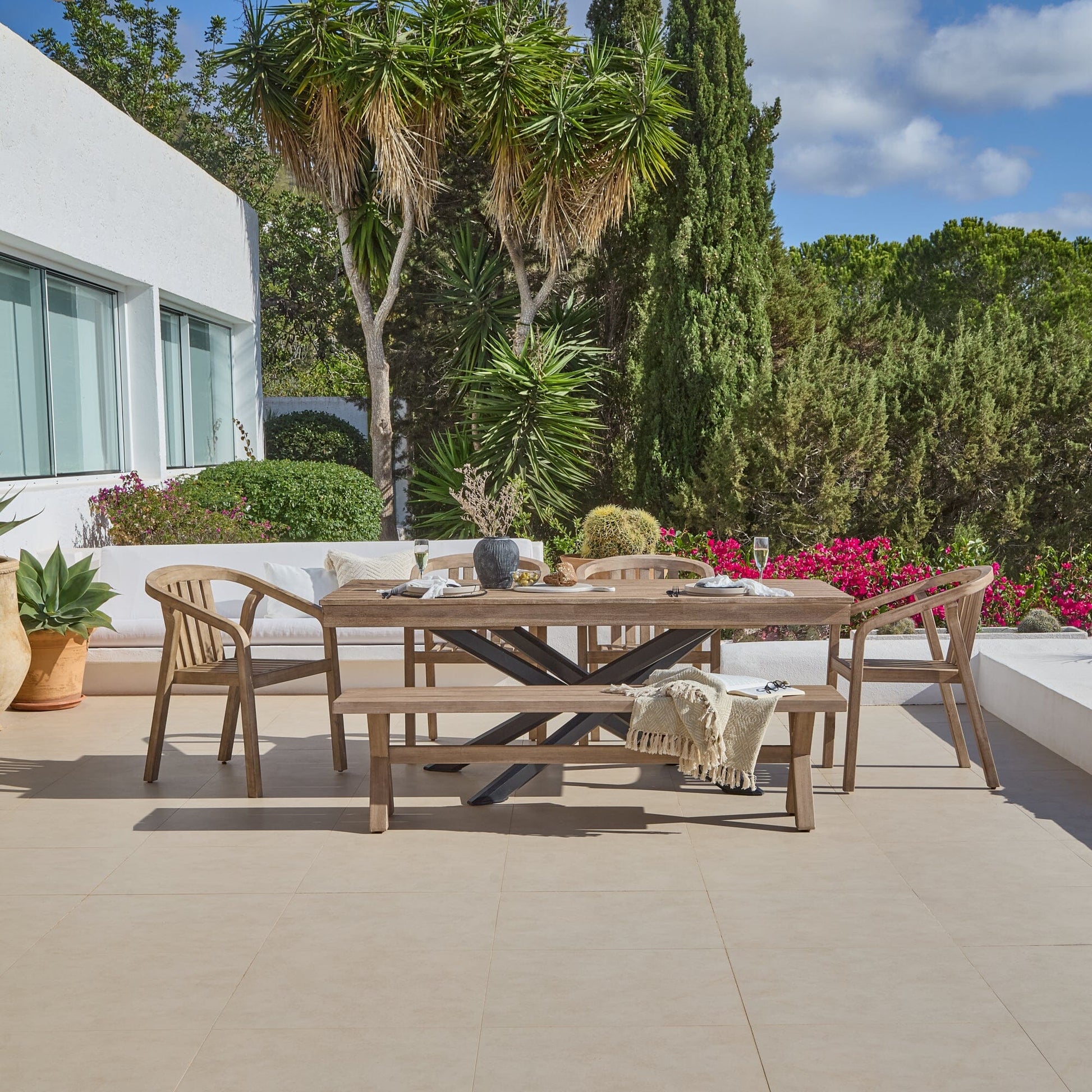 Amelia 6 Seater Wooden Garden Dining Set with 4 Shiro Cushioned Chairs & Charlotte Bench - Laura James 