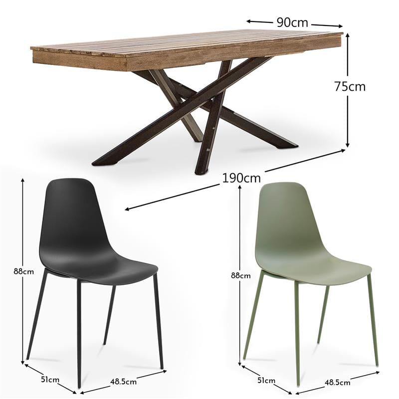 Amelia 190cm Rectangular Dining Table - Brushed Light Acacia & 4 x Wren Garden Dining Chairs - Olive & 2 Wren Garden Dining Chairs - Black - Laura James 