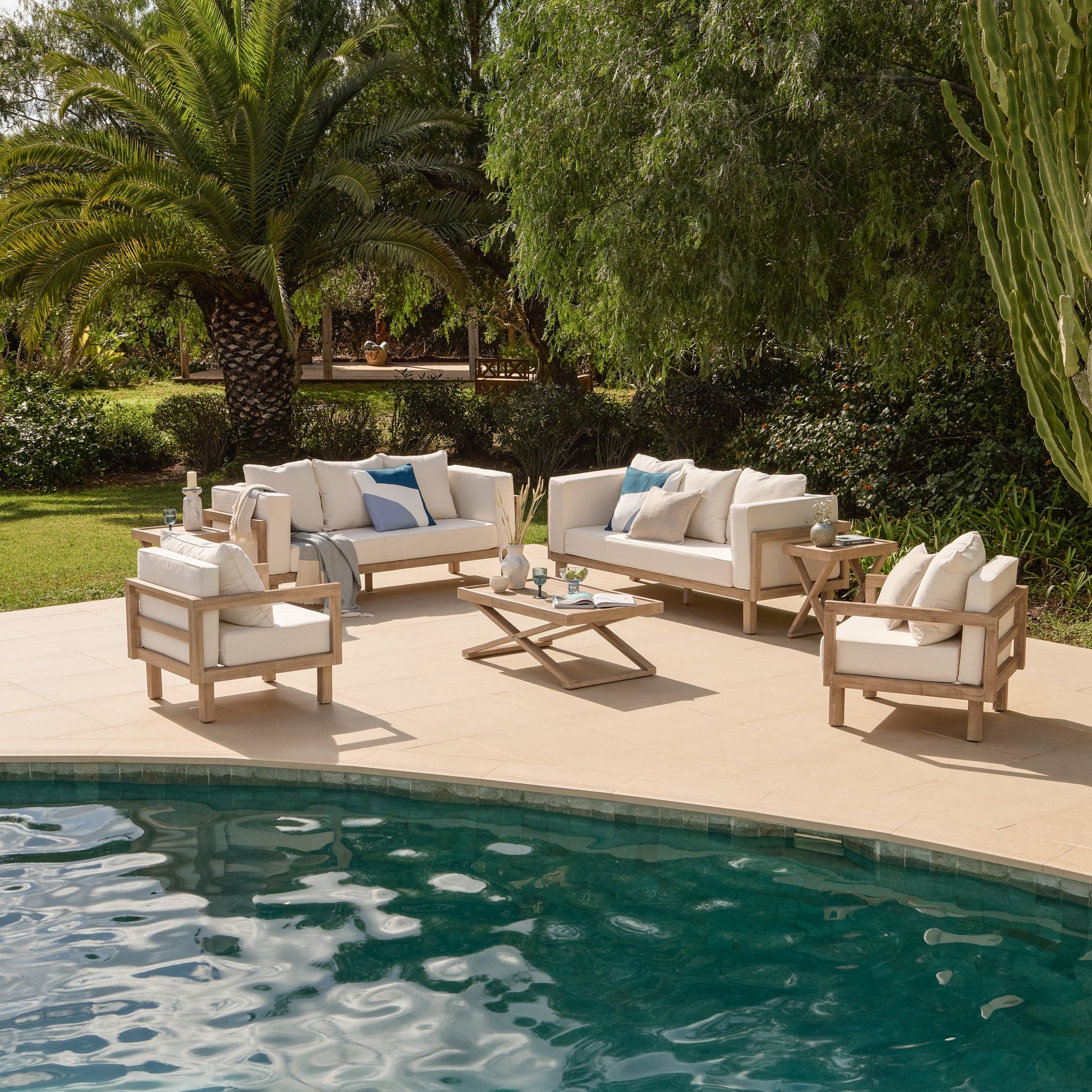 Akira 8 Seater Wooden Garden Sofa Set with Coffee and 2 Akira Side Tables - Laura James