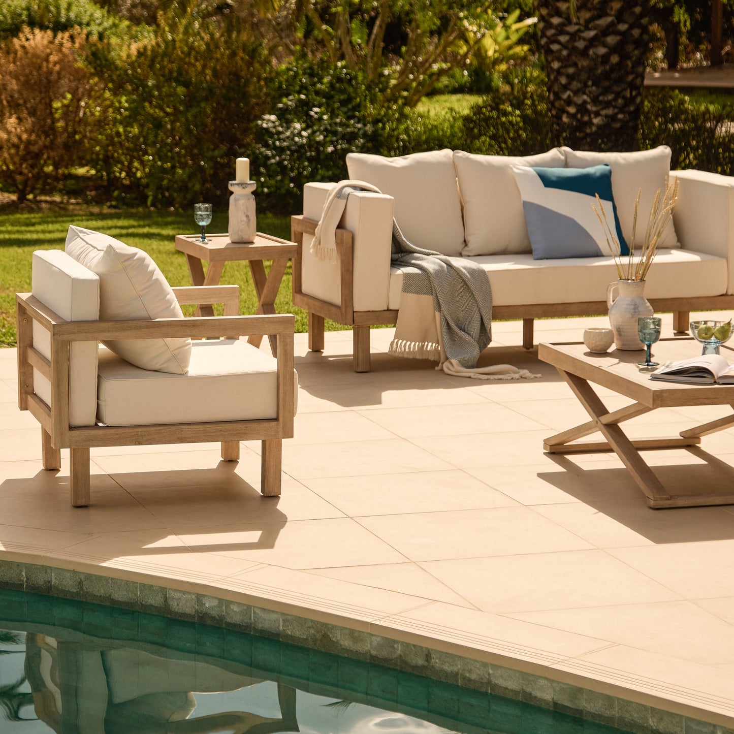 Akira 8 Seater Wooden Garden Sofa Set with Coffee and 2 Akira Side Tables - Laura James
