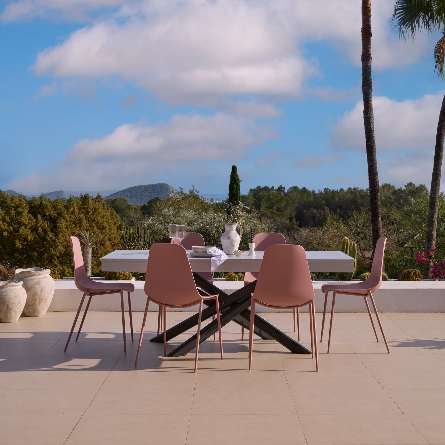 Amelia 6 Seater Pale Grey Concrete Garden Dining Set with Wren Dusty Pink Chairs - Laura James