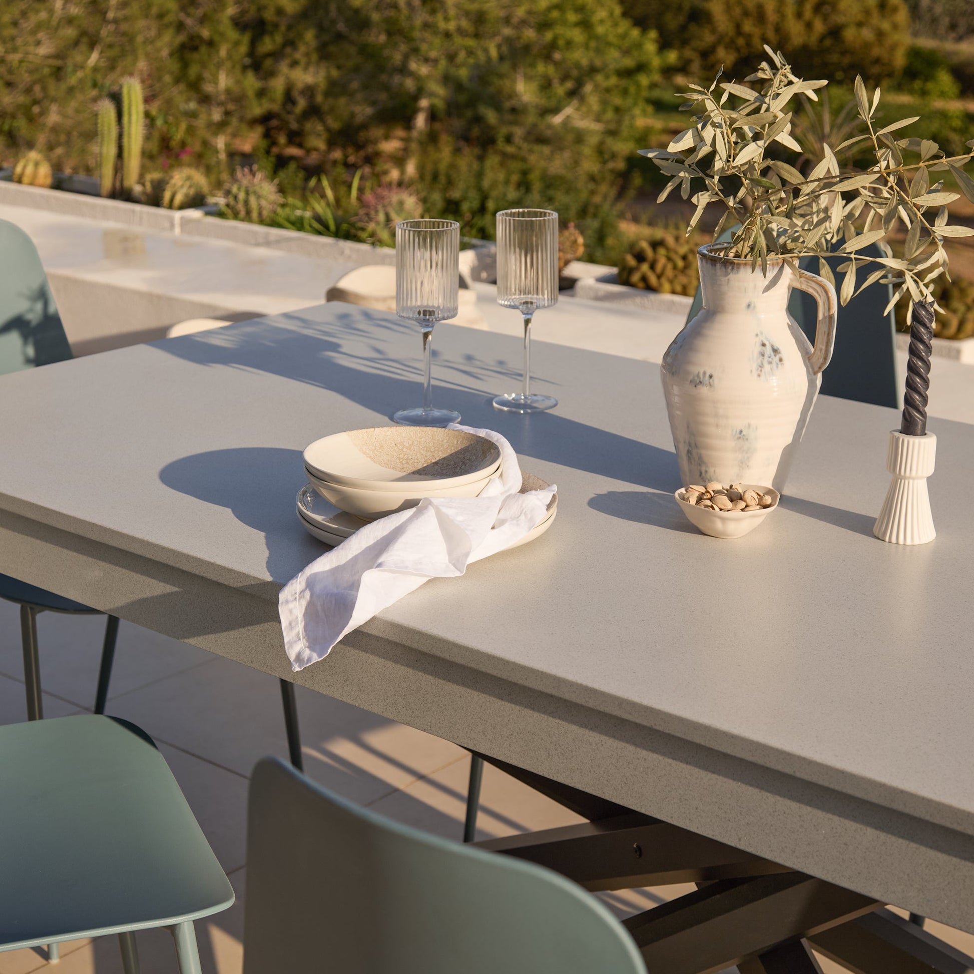 Amelia 6 Seater Pale Grey Concrete Garden Dining Set with Wren Denim Blue Chairs - Laura James