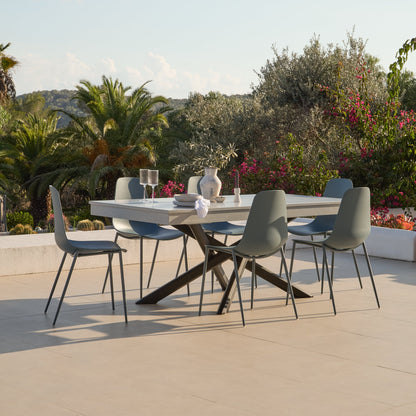 Amelia 6 Seater Pale Grey Concrete Garden Dining Set with Wren Denim Blue Chairs - Laura James