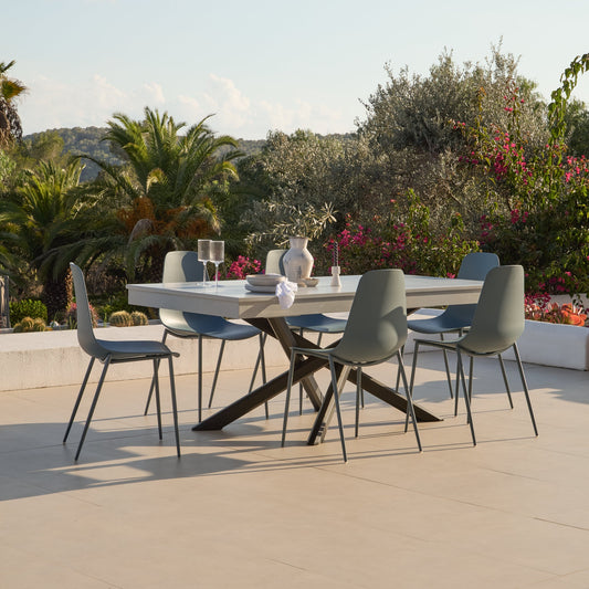 Amelia 6 Seater Pale Grey Concrete Garden Dining Set with Wren Denim Blue Chairs - Laura James