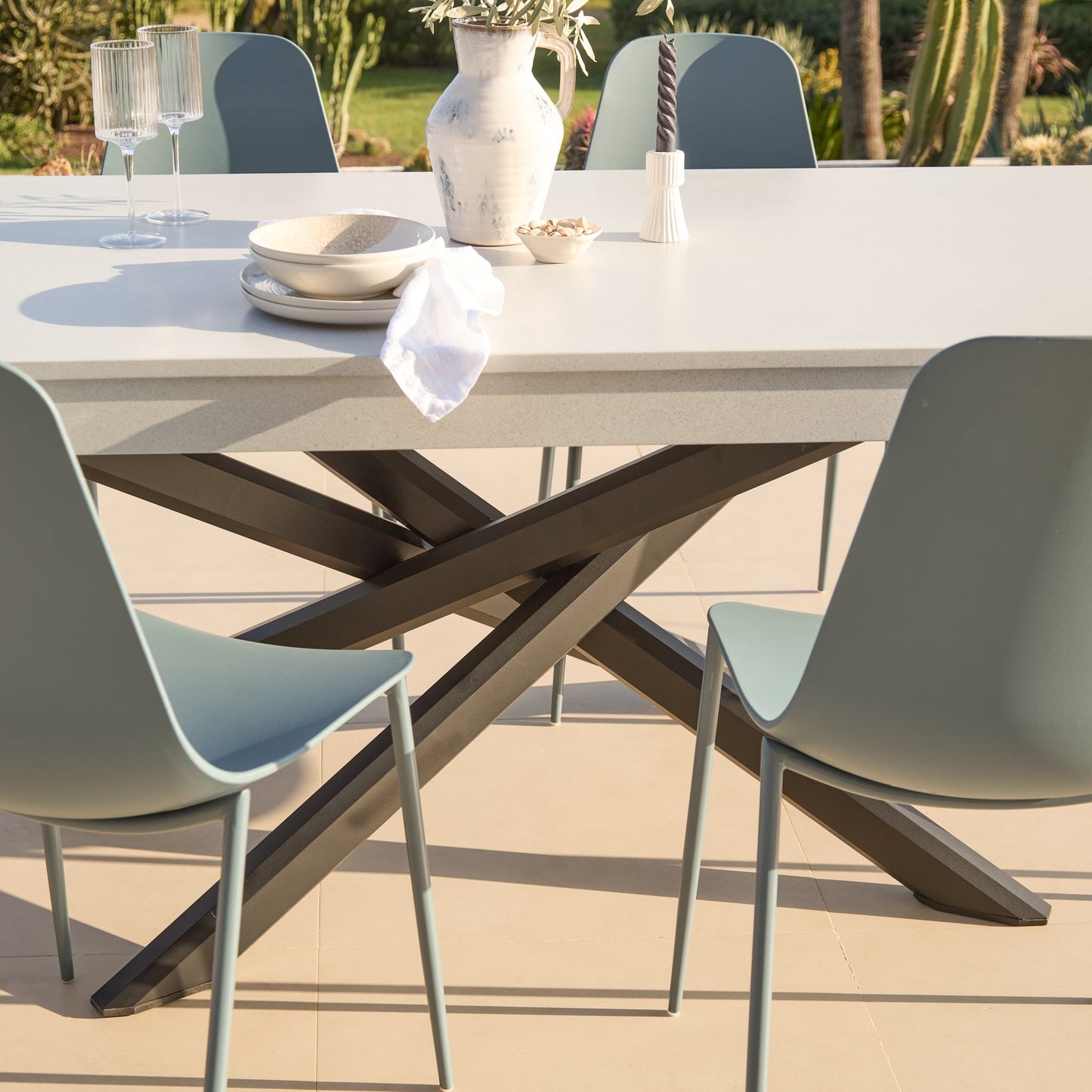 Amelia 6 Seater Pale Grey Concrete Garden Dining Set with Wren Denim Blue Chairs - Laura James
