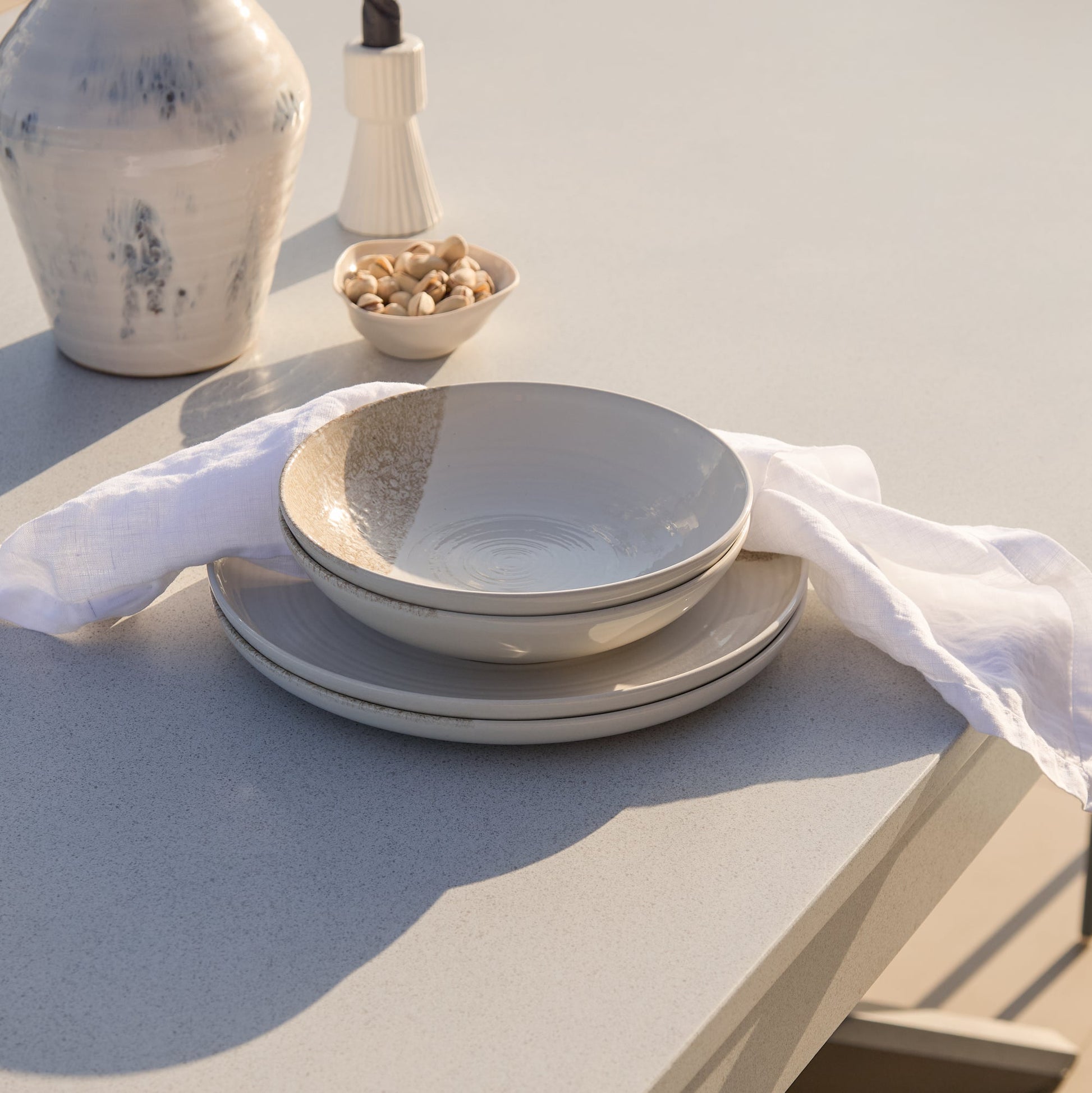 Amelia 6 Seater Pale Grey Concrete Garden Dining Set with Wren Denim Blue Chairs - Laura James