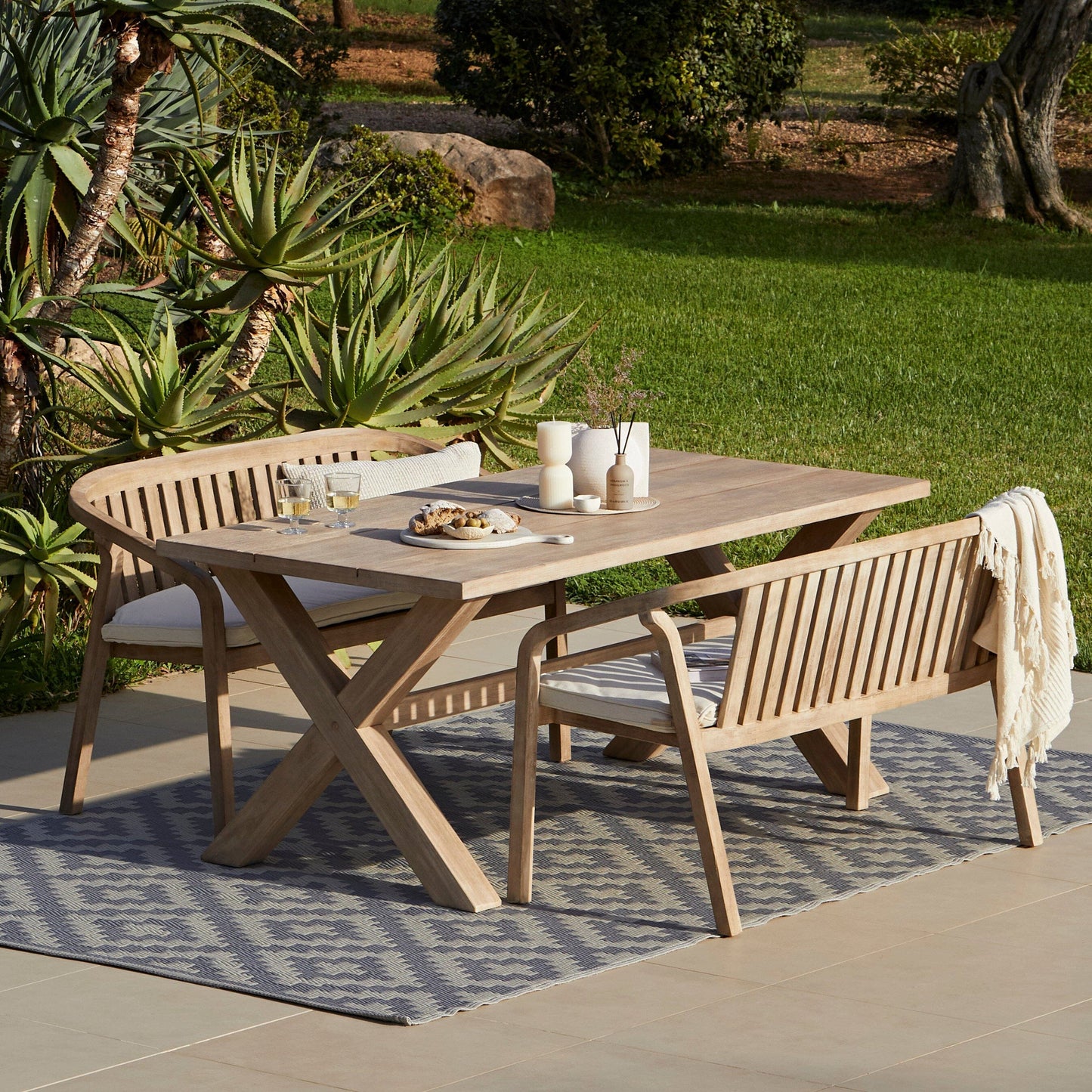Charlotte 6 Seater Wooden Garden Dining Set with Shiro Cushioned Benches - Laura James 