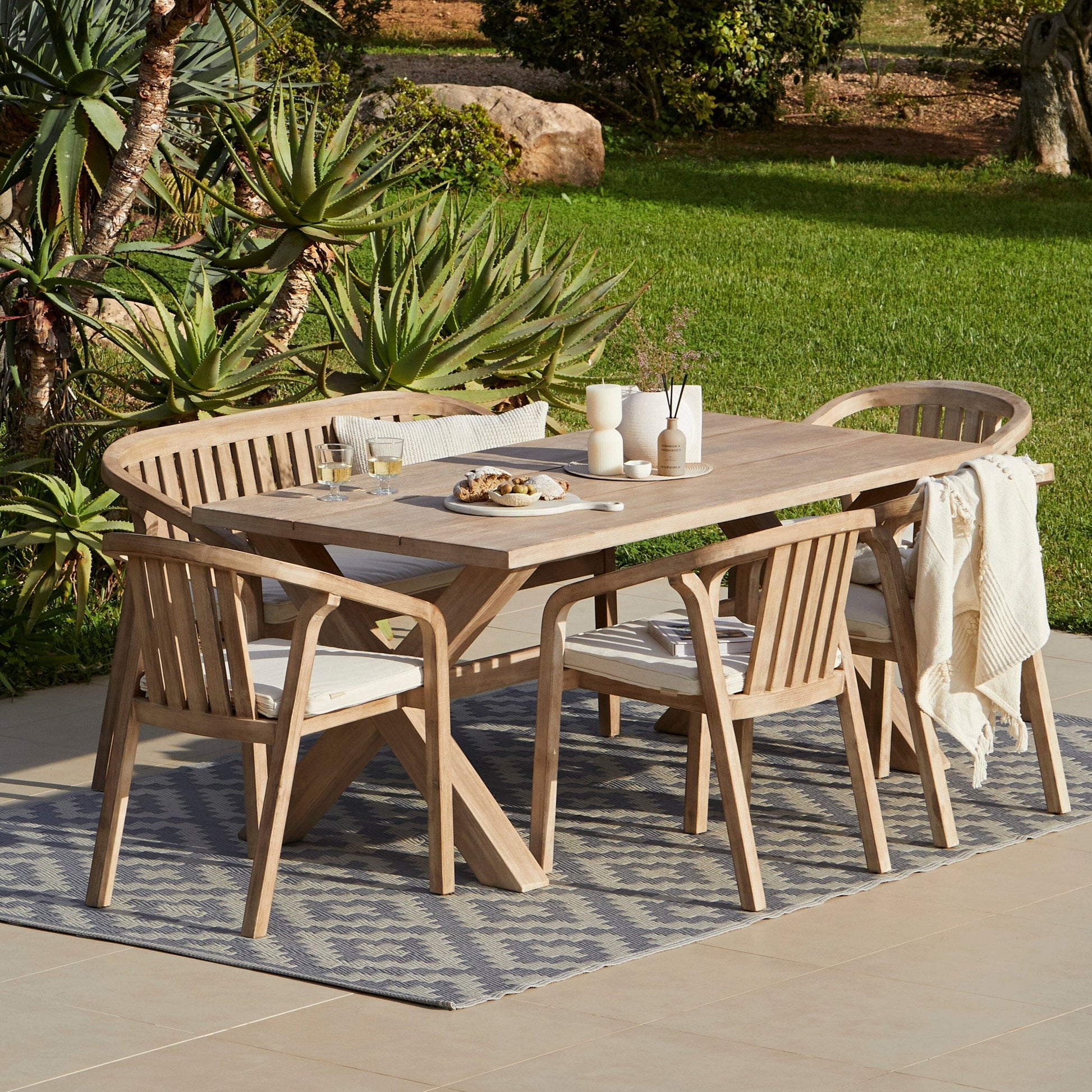 Charlotte 6 Seater Wooden Garden Dining Set with 4 Shiro Cushioned Chairs & Bench - Laura James 