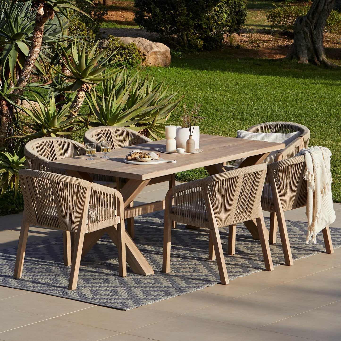 Charlotte 6 Seater Wooden Garden Dining Set with 6 Nala Sand Cushioned Chairs - Laura James 
