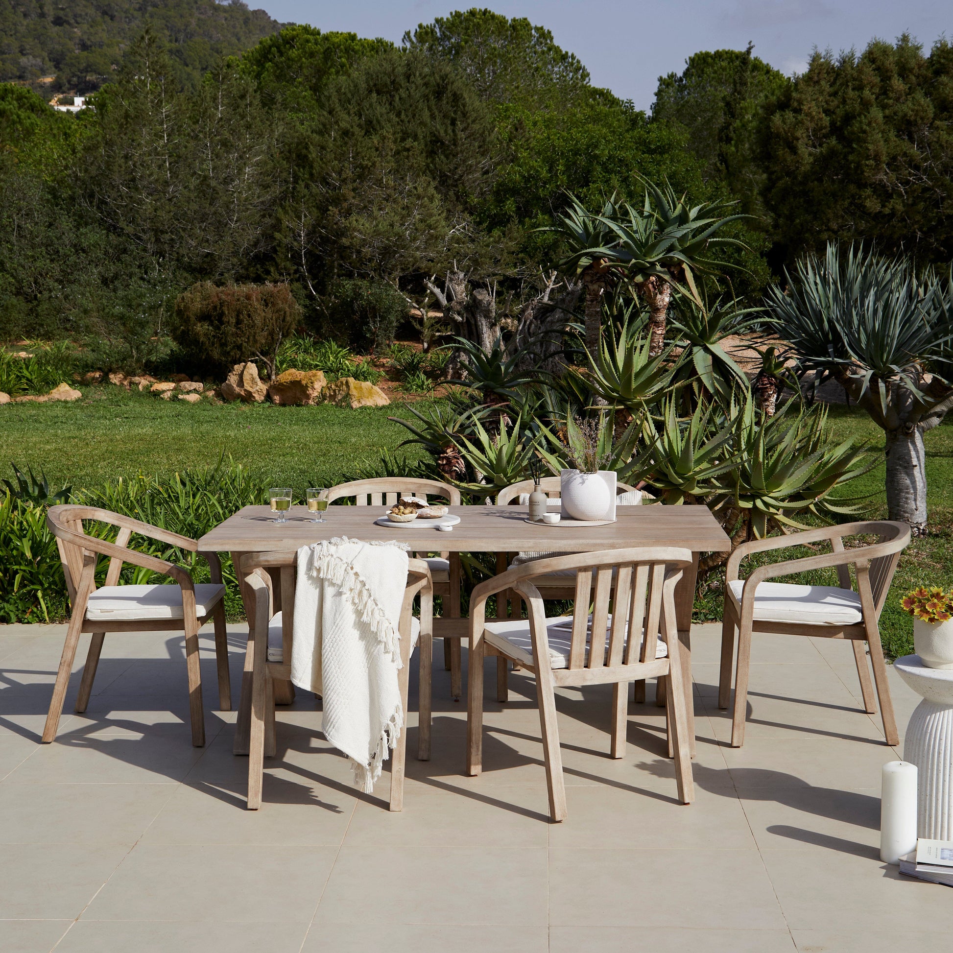 Charlotte 6 Seater Wooden Garden Dining Set with 6 Shiro Sand Cushioned Chairs - LaurA jAMES 