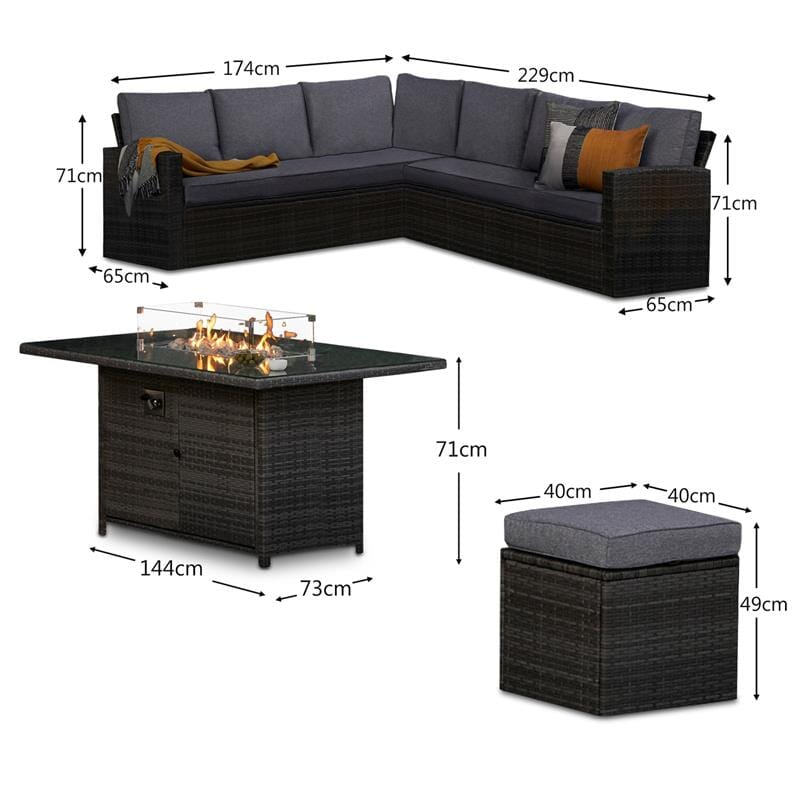 Aston 9 Seater Rattan Garden Corner Sofa Set with  Firepit - Grey - Laura James 