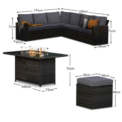 Aston 9 Seater Rattan Garden Corner Sofa Set with  Firepit - Grey - Laura James 