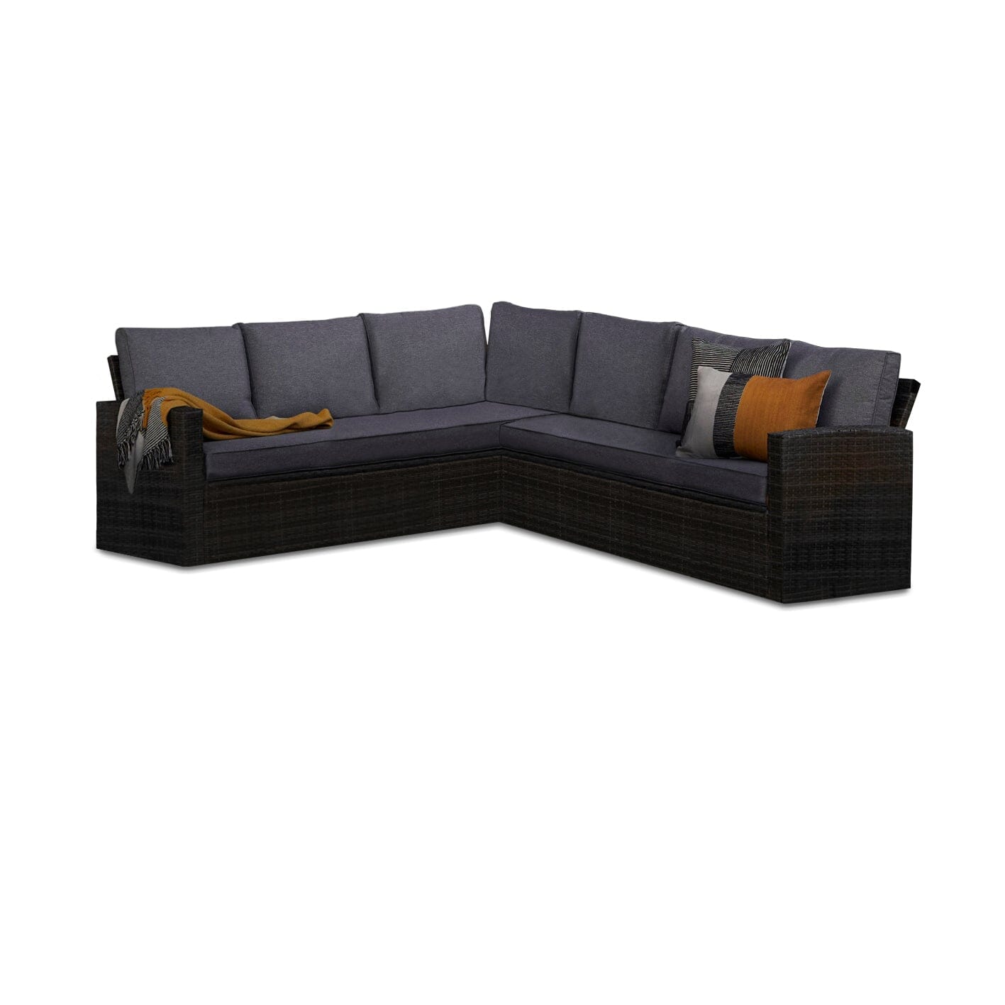 Aston 9 Seater Rattan Corner Sofa Set with Firepit Table and Ash Grey Cushions - Grey - Laura James 