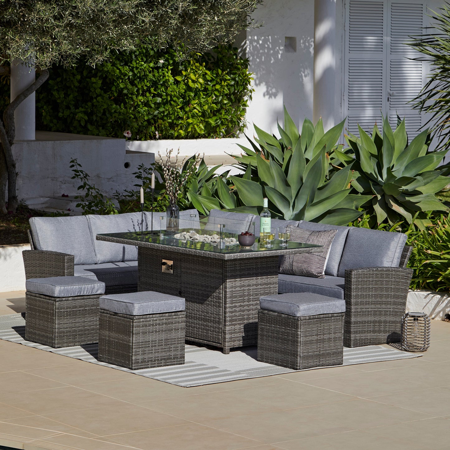 Aston 9 Seater Garden Sofa Set with Fire Pit - Grey - Laura James 