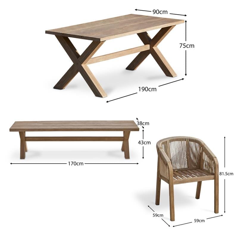 Amelia 6 Seater Wooden Garden Dining Set with 4 Nala Chairs & Charlotte Bench - Laura James 