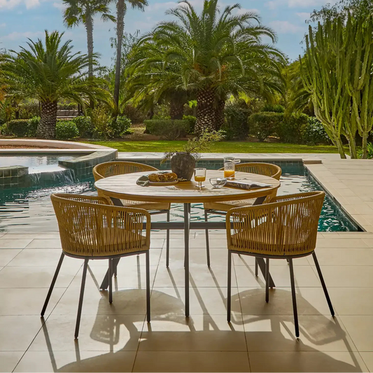 Ezra  Whitewash Round Outdoor Dining Set with Natural Hali Rope Chairs - Laura James 