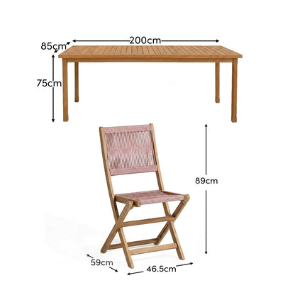 Harlyn 6 Seater Wooden Garden Dining Set with Cove Pink Rope Chairs - 200cm - Laura James