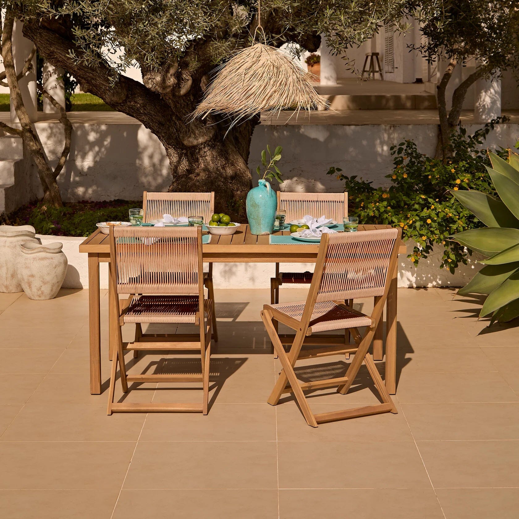 Harlyn 4 Seater Wooden Garden Dining Set with Cove Natural Chairs - 160cm - Laura James