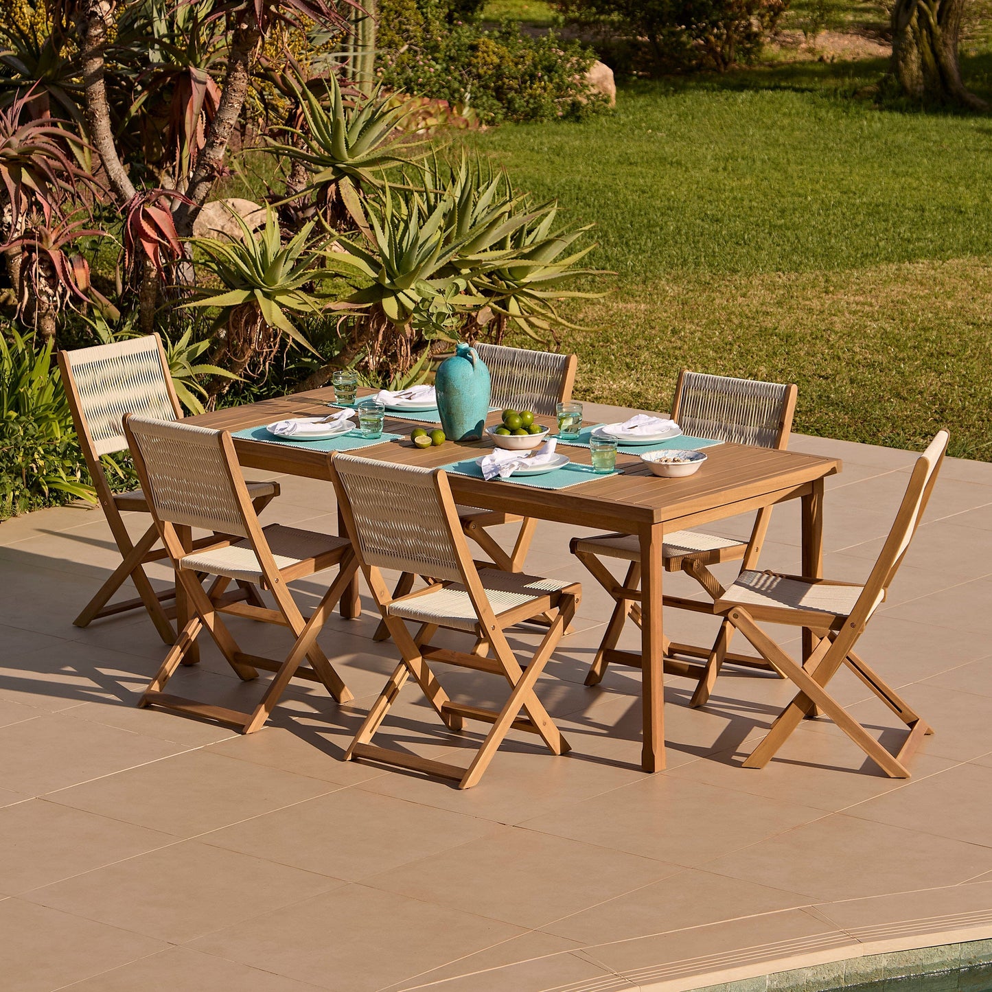 Harlyn 6 Seater Wooden Garden Dining Set with Cove Beige Chairs - 200cm - Laura James