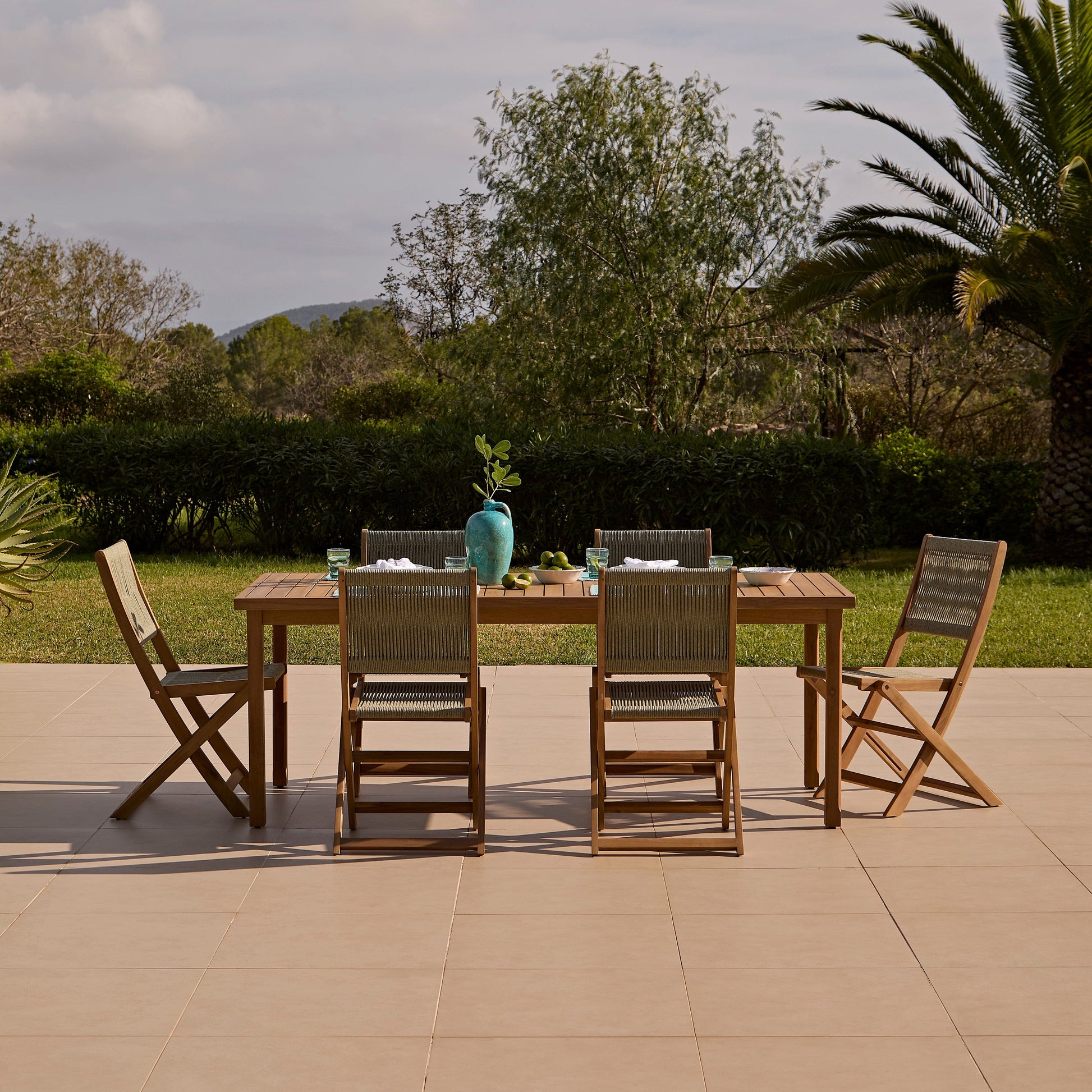 Harlyn 6 Seater Wooden Garden Dining Set with Cove Green Rope Chairs - 200cm - Laura James